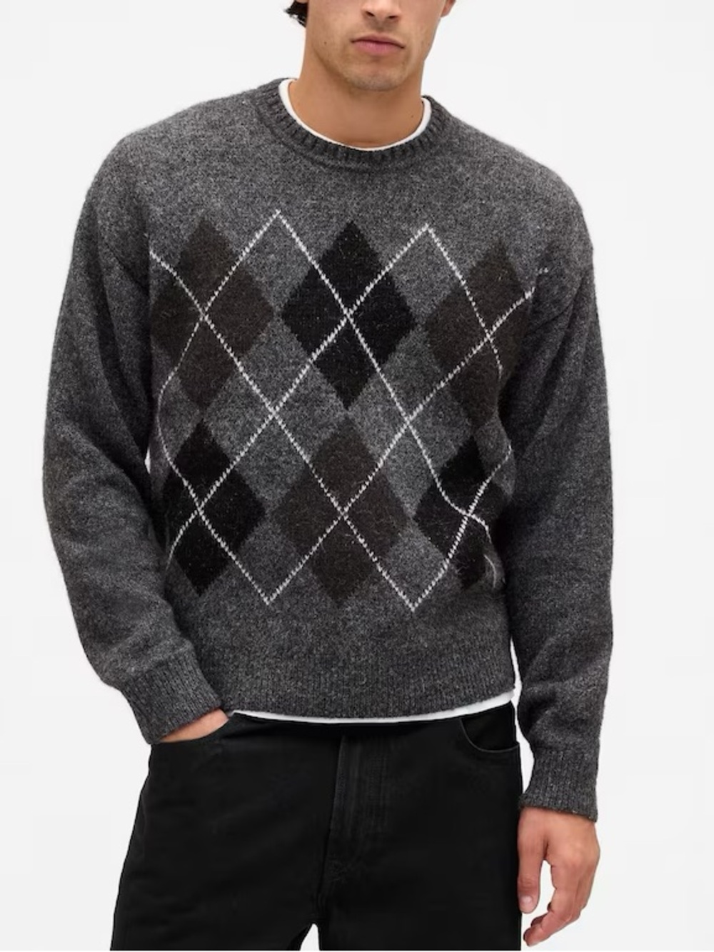 GAP Wool-Blend Relaxed Argyle Gray Crewneck Sweater Men New
